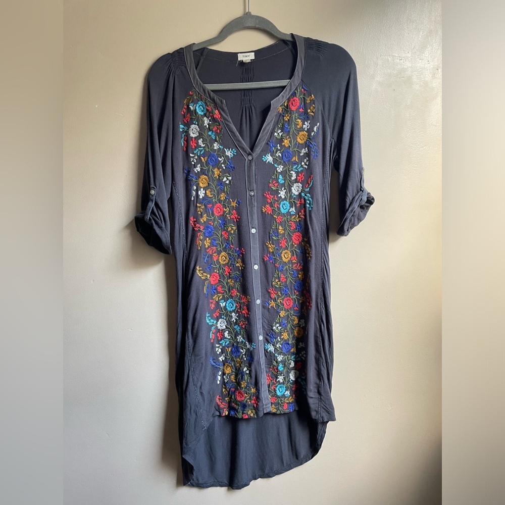 Tiny Anthropologie y2k button down embroidered silk tunic dress size S